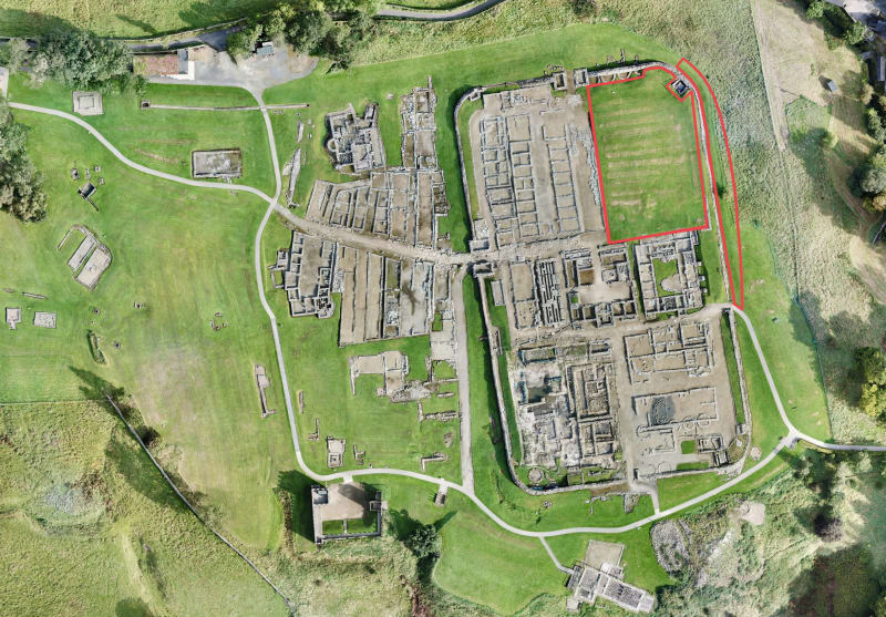 Aerial view of Vindolanda Roman Fort with marked red areas for excavation in 2024-2028
