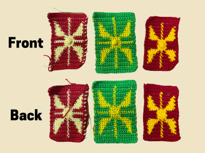 3 flags of crocheted bunting sitting side by side front and back images