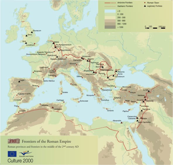 Frontiers of the Roman Empire UNESCO World Heritage Site map including Hadrians Wall Vindolanda